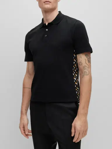 BOSS Men's Cotton-Piqué Polo Shirt with Monogram Inserts - Black | Thumbnail 2 BOSS Men's Cotton-Piqué Polo Shirt with Monogram Inserts - Black | Thumbnail 2