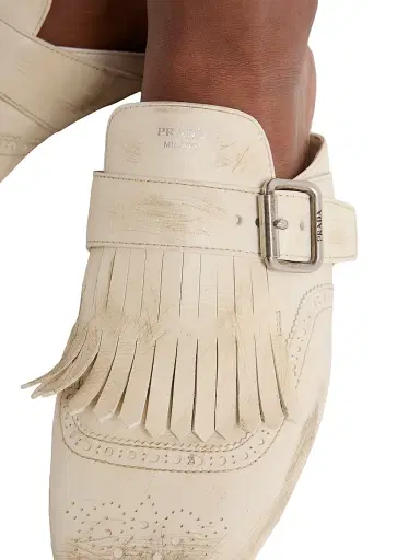 Prada Women's Shuffle Fringed Leather Mules - Beige Khaki | Thumbnail 5 Prada Women's Shuffle Fringed Leather Mules - Beige Khaki | Thumbnail 5