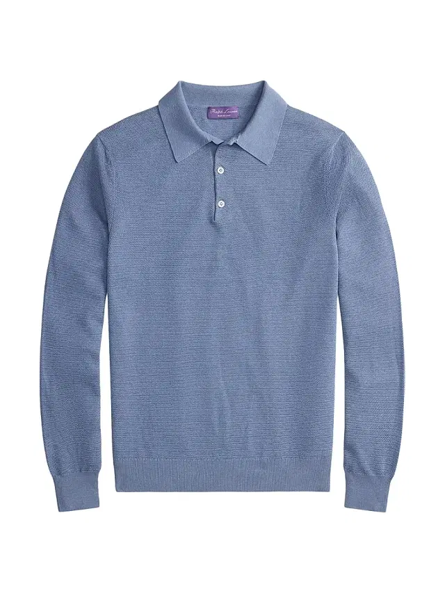 Men's Polo-Collar Silk-Cotton Sweater - Soft Blue Men's Polo-Collar Silk-Cotton Sweater - Soft Blue