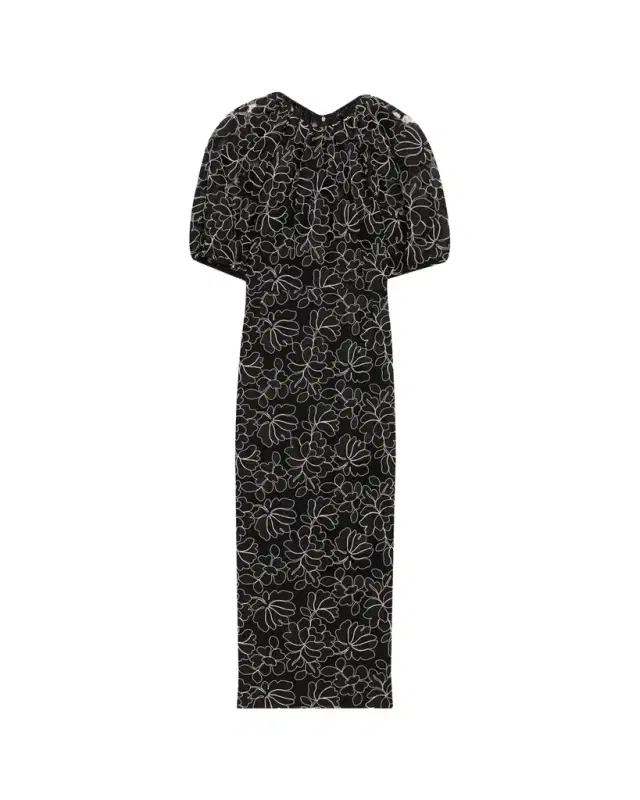 Floral Lace Puff-Sleeve Midi Sheath Dress Floral Lace Puff-Sleeve Midi Sheath Dress