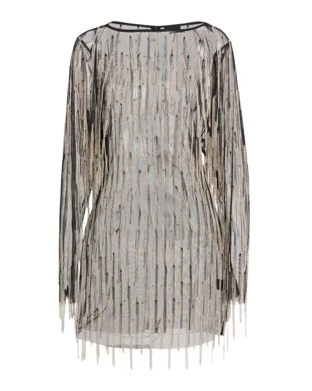 Crystal Fringe Mesh Long-Sleeve Mini Dress Crystal Fringe Mesh Long-Sleeve Mini Dress