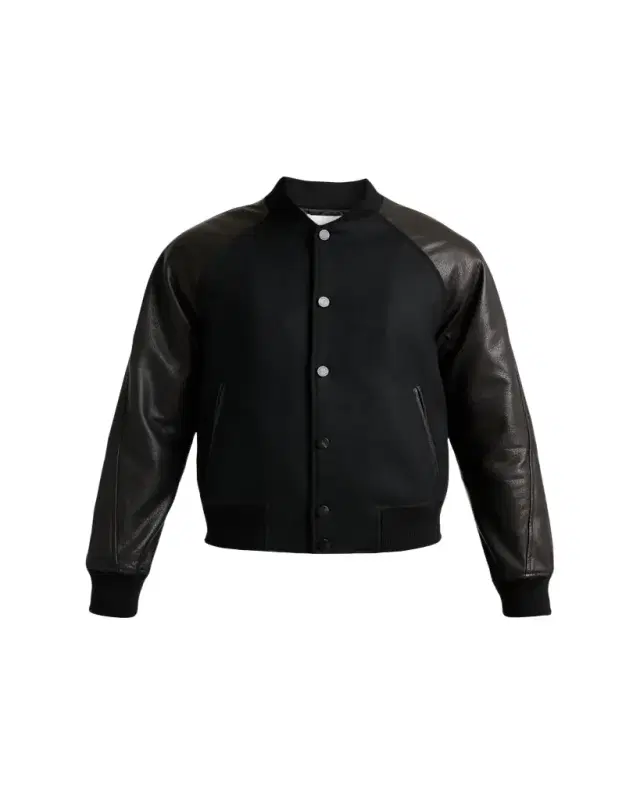Men's Mixed Material Wool and Leather Bomber Jacket Men's Mixed Material Wool and Leather Bomber Jacket