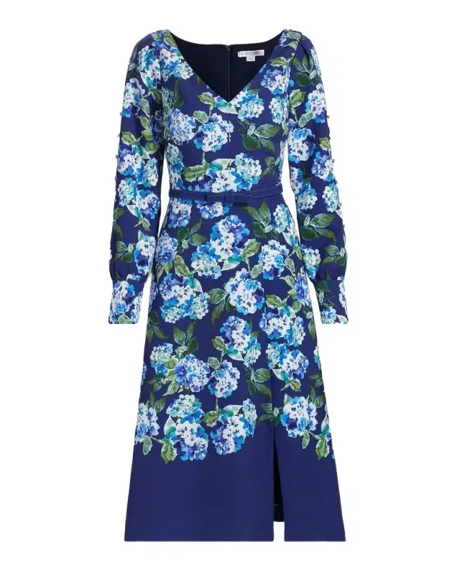 Briony Hydrangea Stretch Crepe Belted Midi-Dress Briony Hydrangea Stretch Crepe Belted Midi-Dress