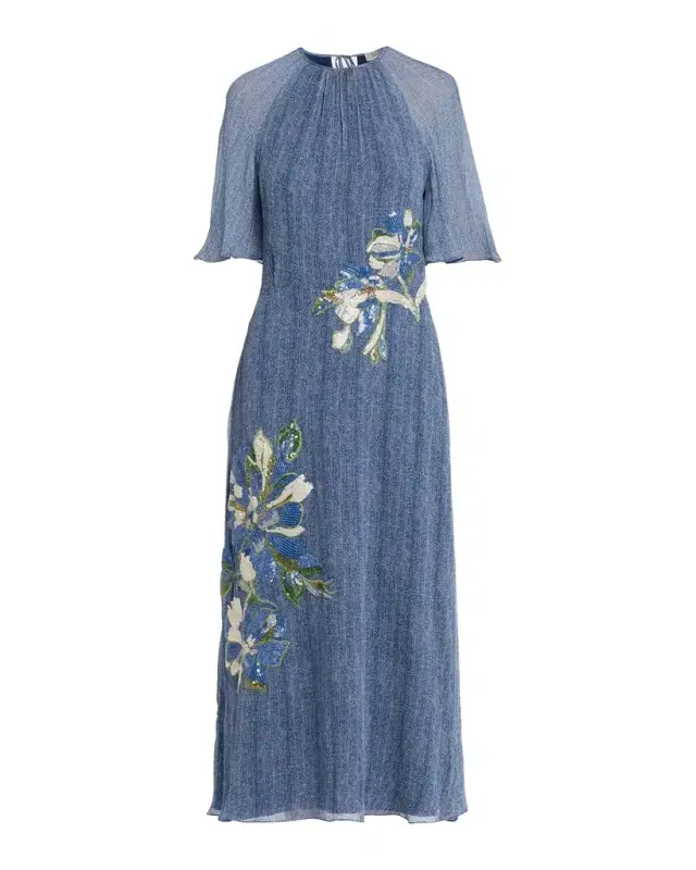 Floral Embroidery Flutter-Sleeve Midi Dress Floral Embroidery Flutter-Sleeve Midi Dress