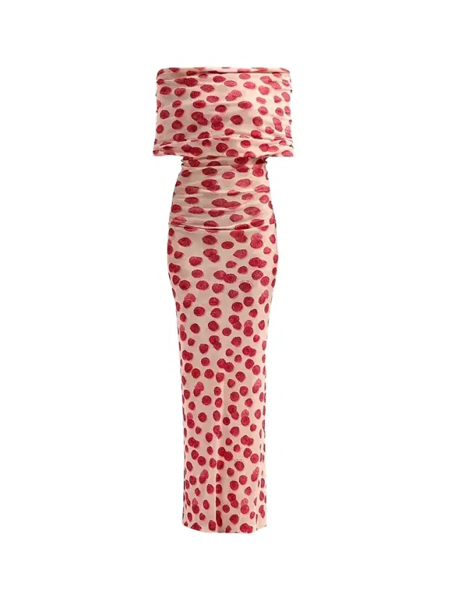 Women's Raspberry-Print Mesh Off-The-Shoulder Maxi Dress Women's Raspberry-Print Mesh Off-The-Shoulder Maxi Dress