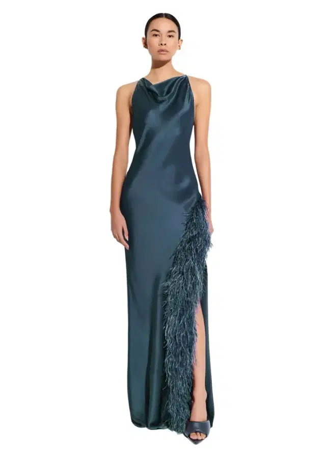 Satin Halter Gown With Feathers Satin Halter Gown With Feathers