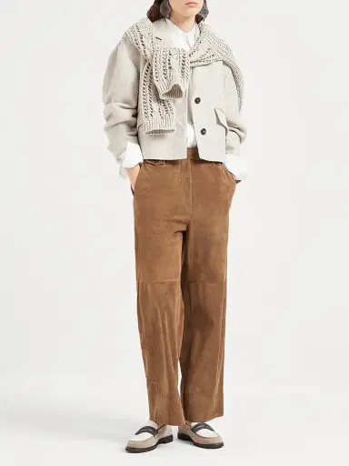 Brunello Cucinelli Women's Suede Cropped Chino Trousers - Brown | Thumbnail 5 Brunello Cucinelli Women's Suede Cropped Chino Trousers - Brown | Thumbnail 5