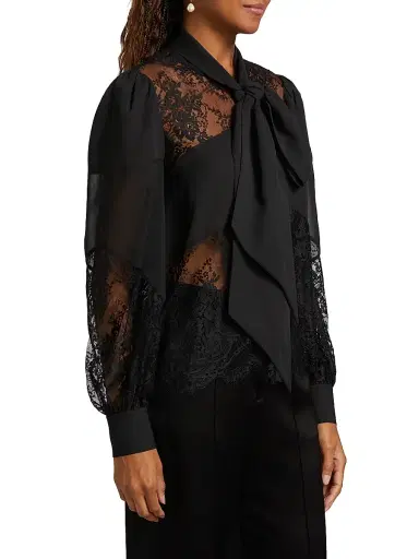 L'AGENCE Women's Emmelina Lace Tieneck Blouse - Black | Thumbnail 4 L'AGENCE Women's Emmelina Lace Tieneck Blouse - Black | Thumbnail 4