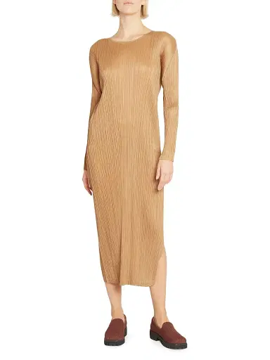 Pleats Please Issey Miyake Women's Monthly Colors: December Midi Dress - Copperbrown | Thumbnail 2 Pleats Please Issey Miyake Women's Monthly Colors: December Midi Dress - Copperbrown | Thumbnail 2