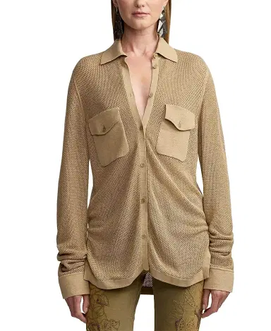 Ralph Lauren Collection Women's Linen-Blend Mesh Sweater Shirt - Lux Tan | Thumbnail 3 Ralph Lauren Collection Women's Linen-Blend Mesh Sweater Shirt - Lux Tan | Thumbnail 3
