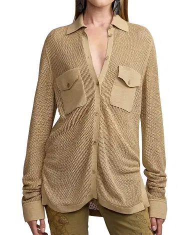 Ralph Lauren Collection Women's Linen-Blend Mesh Sweater Shirt - Lux Tan | Thumbnail 6 Ralph Lauren Collection Women's Linen-Blend Mesh Sweater Shirt - Lux Tan | Thumbnail 6
