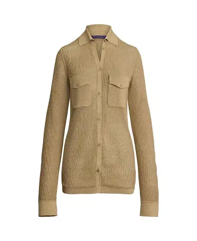 Ralph Lauren Collection Women's Linen-Blend Mesh Sweater Shirt - Lux Tan | Thumbnail 1 Ralph Lauren Collection Women's Linen-Blend Mesh Sweater Shirt - Lux Tan | Thumbnail 1