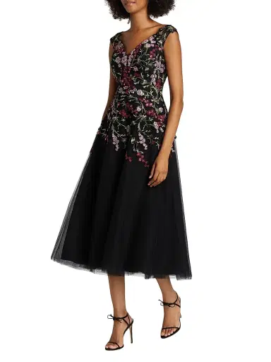 Teri Jon by Rickie Freeman Women's Embroidered Tulle Fit &Flare Midi-Dress - Black Multi | Thumbnail 2 Teri Jon by Rickie Freeman Women's Embroidered Tulle Fit &Flare Midi-Dress - Black Multi | Thumbnail 2