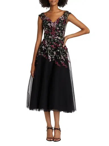 Teri Jon by Rickie Freeman Women's Embroidered Tulle Fit &Flare Midi-Dress - Black Multi | Thumbnail 3 Teri Jon by Rickie Freeman Women's Embroidered Tulle Fit &Flare Midi-Dress - Black Multi | Thumbnail 3