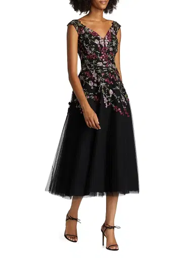 Teri Jon by Rickie Freeman Women's Embroidered Tulle Fit &Flare Midi-Dress - Black Multi | Thumbnail 4 Teri Jon by Rickie Freeman Women's Embroidered Tulle Fit &Flare Midi-Dress - Black Multi | Thumbnail 4