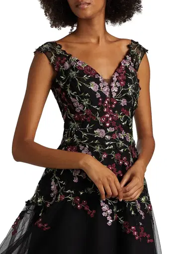 Teri Jon by Rickie Freeman Women's Embroidered Tulle Fit &Flare Midi-Dress - Black Multi | Thumbnail 6 Teri Jon by Rickie Freeman Women's Embroidered Tulle Fit &Flare Midi-Dress - Black Multi | Thumbnail 6