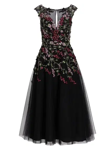 Teri Jon by Rickie Freeman Women's Embroidered Tulle Fit &Flare Midi-Dress - Black Multi | Thumbnail 1 Teri Jon by Rickie Freeman Women's Embroidered Tulle Fit &Flare Midi-Dress - Black Multi | Thumbnail 1