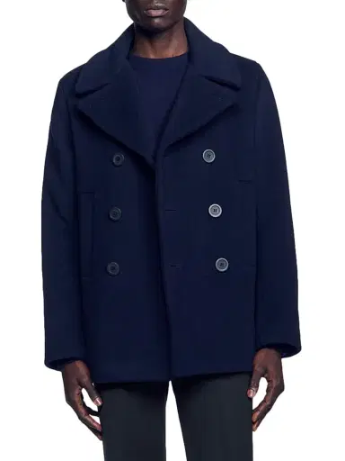 Sandro Men's Straight Fit Wool Blend Coat - Navy Blue | Thumbnail 2 Sandro Men's Straight Fit Wool Blend Coat - Navy Blue | Thumbnail 2