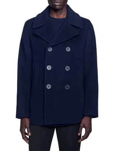 Sandro Men's Straight Fit Wool Blend Coat - Navy Blue | Thumbnail 4 Sandro Men's Straight Fit Wool Blend Coat - Navy Blue | Thumbnail 4