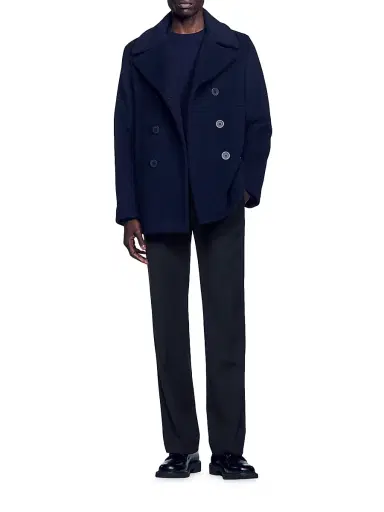 Sandro Men's Straight Fit Wool Blend Coat - Navy Blue | Thumbnail 6 Sandro Men's Straight Fit Wool Blend Coat - Navy Blue | Thumbnail 6