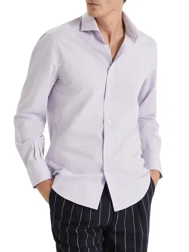 Brunello Cucinelli Men's Poplin Basic Fit Shirt with Spread Collar - Lavender | Thumbnail 2 Brunello Cucinelli Men's Poplin Basic Fit Shirt with Spread Collar - Lavender | Thumbnail 2