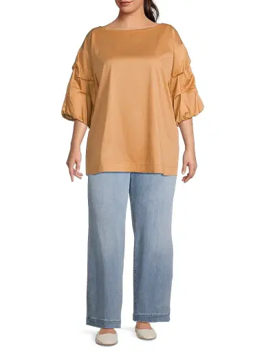 Harshman Women's Plus Balia Popover Cotton Gathered-Sleeve Blouse - Sand | Thumbnail 2 Harshman Women's Plus Balia Popover Cotton Gathered-Sleeve Blouse - Sand | Thumbnail 2