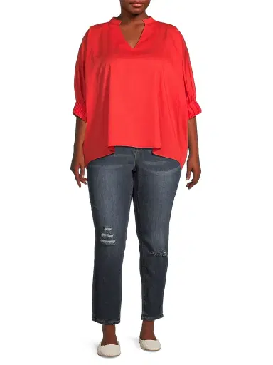 Harshman Women's Plus Medina Cotton Split Neck Oversized Blouse - Poppy Red | Thumbnail 2 Harshman Women's Plus Medina Cotton Split Neck Oversized Blouse - Poppy Red | Thumbnail 2