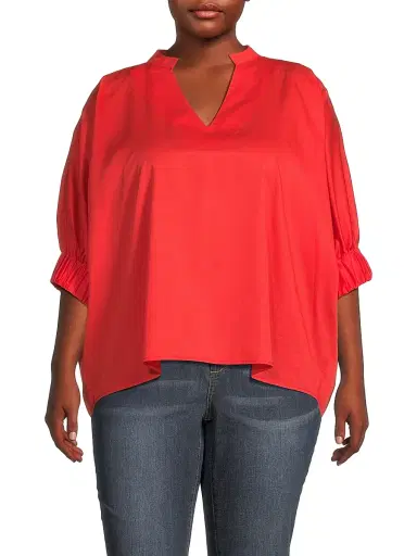 Harshman Women's Plus Medina Cotton Split Neck Oversized Blouse - Poppy Red | Thumbnail 3 Harshman Women's Plus Medina Cotton Split Neck Oversized Blouse - Poppy Red | Thumbnail 3
