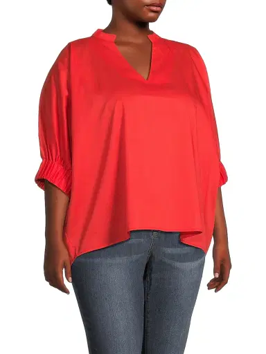 Harshman Women's Plus Medina Cotton Split Neck Oversized Blouse - Poppy Red | Thumbnail 4 Harshman Women's Plus Medina Cotton Split Neck Oversized Blouse - Poppy Red | Thumbnail 4