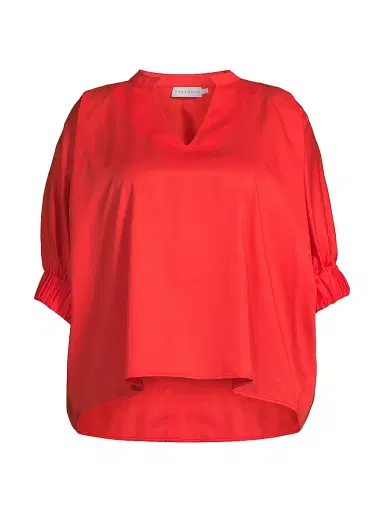 Harshman Women's Plus Medina Cotton Split Neck Oversized Blouse - Poppy Red | Thumbnail 1 Harshman Women's Plus Medina Cotton Split Neck Oversized Blouse - Poppy Red | Thumbnail 1