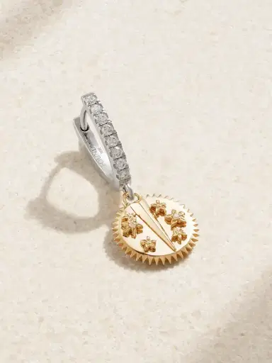 Foundrae Resilience Mini Medallion 18-karat Gold White And Yellow Gold Diamond Single Hoop Earring | Thumbnail 1 Foundrae Resilience Mini Medallion 18-karat Gold White And Yellow Gold Diamond Single Hoop Earring | Thumbnail 1
