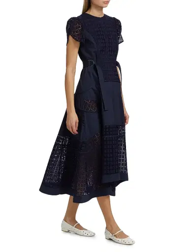 3.1 Phillip Lim Women's Embroidered Grid Tulip-Sleeve Dress - Navy | Thumbnail 4 3.1 Phillip Lim Women's Embroidered Grid Tulip-Sleeve Dress - Navy | Thumbnail 4