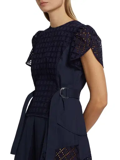 3.1 Phillip Lim Women's Embroidered Grid Tulip-Sleeve Dress - Navy | Thumbnail 6 3.1 Phillip Lim Women's Embroidered Grid Tulip-Sleeve Dress - Navy | Thumbnail 6