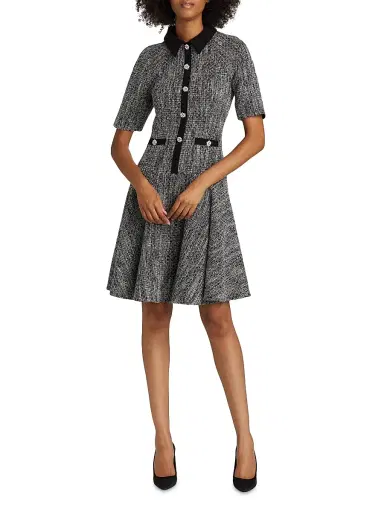 Teri Jon by Rickie Freeman Women's Metallic Tweed Short-Sleeve Dress - Black Silver | Thumbnail 2 Teri Jon by Rickie Freeman Women's Metallic Tweed Short-Sleeve Dress - Black Silver | Thumbnail 2