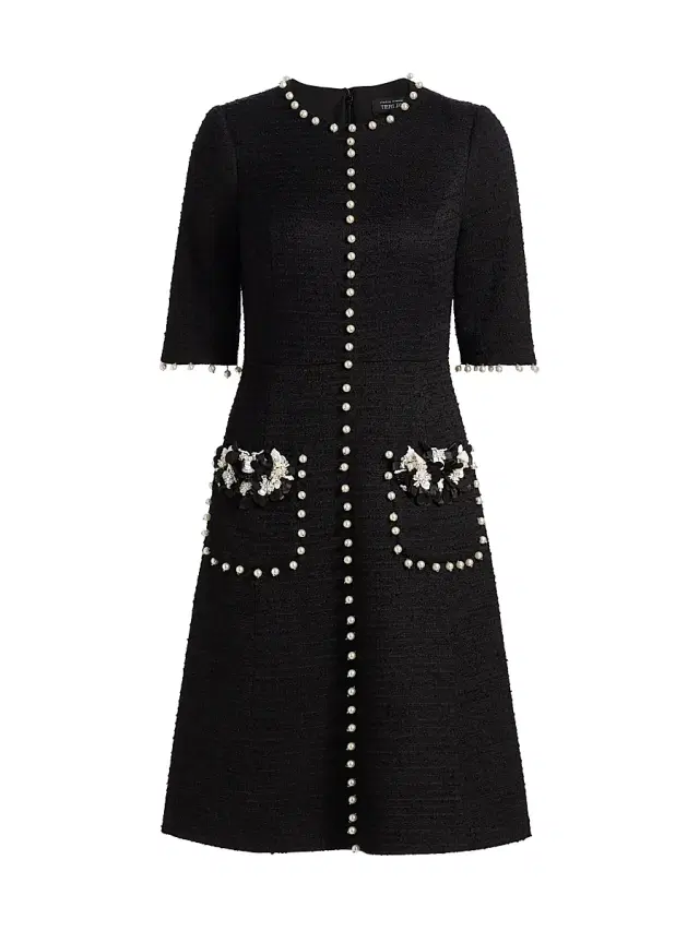 Women's Imitation Pearl-Trimmed Bouclé Cocktail Dress - Black White Women's Imitation Pearl-Trimmed Bouclé Cocktail Dress - Black White