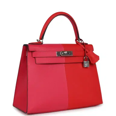 HERMÈS Pre-owned Hermes Kelly Sellier 28 Casaque Rouge De Coeur, Rose Extreme and Bleu Zanzibar Epsom Palladium Hardware | Thumbnail 2 HERMÈS Pre-owned Hermes Kelly Sellier 28 Casaque Rouge De Coeur, Rose Extreme and Bleu Zanzibar Epsom Palladium Hardware | Thumbnail 2