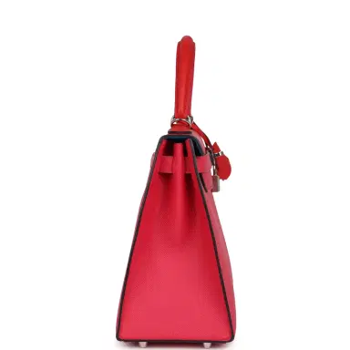 HERMÈS Pre-owned Hermes Kelly Sellier 28 Casaque Rouge De Coeur, Rose Extreme and Bleu Zanzibar Epsom Palladium Hardware | Thumbnail 3 HERMÈS Pre-owned Hermes Kelly Sellier 28 Casaque Rouge De Coeur, Rose Extreme and Bleu Zanzibar Epsom Palladium Hardware | Thumbnail 3