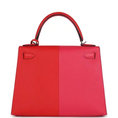 HERMÈS Pre-owned Hermes Kelly Sellier 28 Casaque Rouge De Coeur, Rose Extreme and Bleu Zanzibar Epsom Palladium Hardware | Thumbnail 4 HERMÈS Pre-owned Hermes Kelly Sellier 28 Casaque Rouge De Coeur, Rose Extreme and Bleu Zanzibar Epsom Palladium Hardware | Thumbnail 4