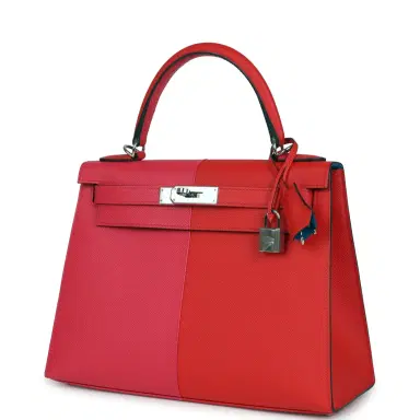 HERMÈS Pre-owned Hermes Kelly Sellier 28 Casaque Rouge De Coeur, Rose Extreme and Bleu Zanzibar Epsom Palladium Hardware | Thumbnail 5 HERMÈS Pre-owned Hermes Kelly Sellier 28 Casaque Rouge De Coeur, Rose Extreme and Bleu Zanzibar Epsom Palladium Hardware | Thumbnail 5