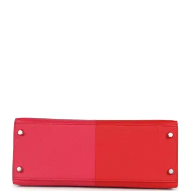 HERMÈS Pre-owned Hermes Kelly Sellier 28 Casaque Rouge De Coeur, Rose Extreme and Bleu Zanzibar Epsom Palladium Hardware | Thumbnail 6 HERMÈS Pre-owned Hermes Kelly Sellier 28 Casaque Rouge De Coeur, Rose Extreme and Bleu Zanzibar Epsom Palladium Hardware | Thumbnail 6