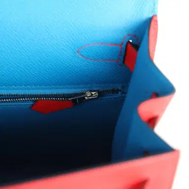 HERMÈS Pre-owned Hermes Kelly Sellier 28 Casaque Rouge De Coeur, Rose Extreme and Bleu Zanzibar Epsom Palladium Hardware | Thumbnail 8 HERMÈS Pre-owned Hermes Kelly Sellier 28 Casaque Rouge De Coeur, Rose Extreme and Bleu Zanzibar Epsom Palladium Hardware | Thumbnail 8
