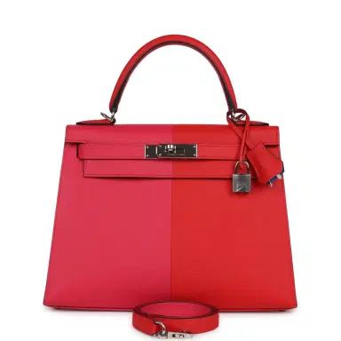 HERMÈS Pre-owned Hermes Kelly Sellier 28 Casaque Rouge De Coeur, Rose Extreme and Bleu Zanzibar Epsom Palladium Hardware | Thumbnail 1 HERMÈS Pre-owned Hermes Kelly Sellier 28 Casaque Rouge De Coeur, Rose Extreme and Bleu Zanzibar Epsom Palladium Hardware | Thumbnail 1