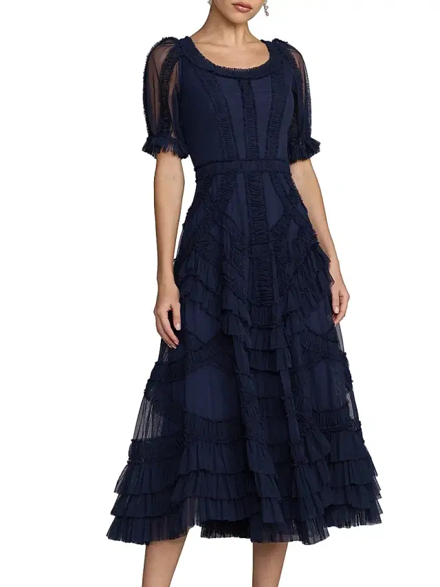 Women's Mesh Ruffled Scoopneck Midi-Dress Women's Mesh Ruffled Scoopneck Midi-Dress