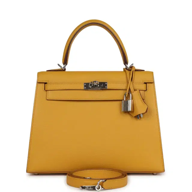 Pre-owned Hermes Kelly Sellier 25 Jaune Ambre Epsom Palladium Hardware Pre-owned Hermes Kelly Sellier 25 Jaune Ambre Epsom Palladium Hardware