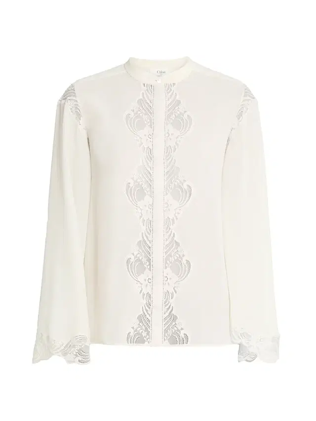 Women's Lace-Trimmed Silk Blouse - Pristine White Women's Lace-Trimmed Silk Blouse - Pristine White