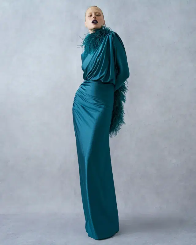 Shine Jersey Asymmetrical Ruched Draped Gown Shine Jersey Asymmetrical Ruched Draped Gown