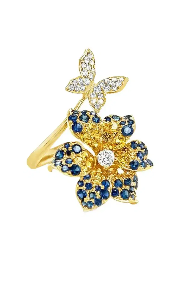 Blue Yellow Sappire Flower Butterfly Ring Blue Yellow Sappire Flower Butterfly Ring