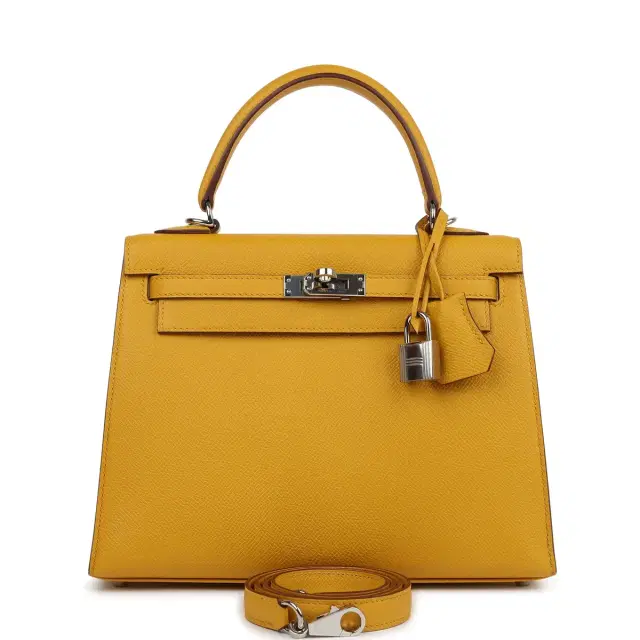 Pre-owned Hermes Kelly Sellier 25 Jaune Ambre Epsom Palladium Hardware Pre-owned Hermes Kelly Sellier 25 Jaune Ambre Epsom Palladium Hardware
