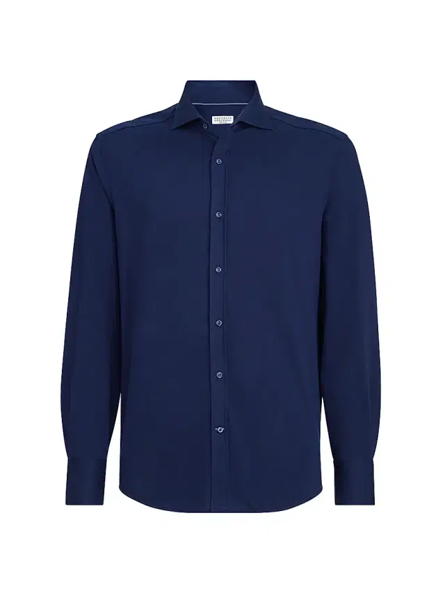 Men's Cotton Piqué Shirt with Spread Collar - Navy Blue Men's Cotton Piqué Shirt with Spread Collar - Navy Blue