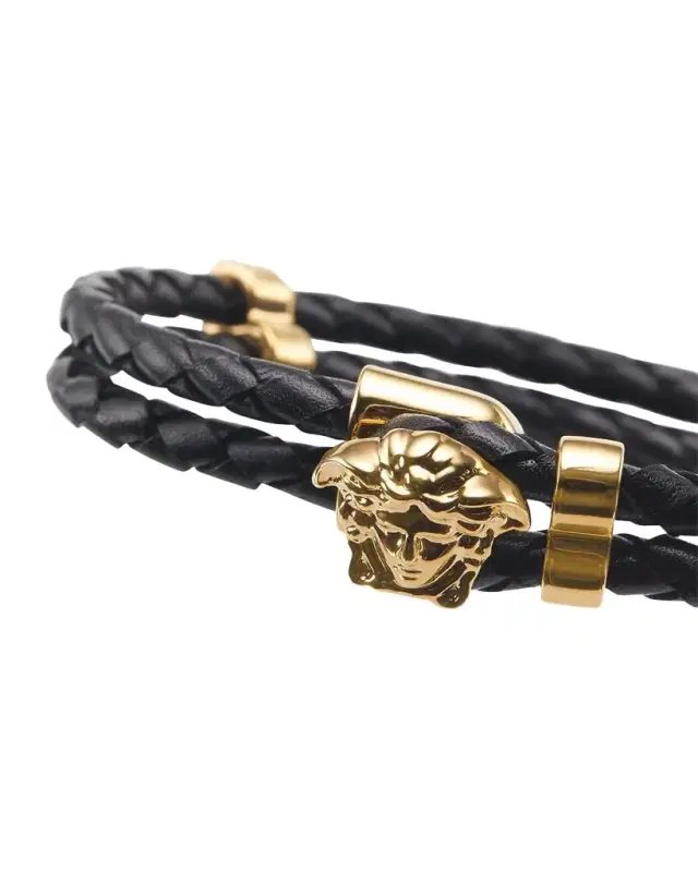 Men's Medusa Two-Row Braided Leather Bracelet Men's Medusa Two-Row Braided Leather Bracelet